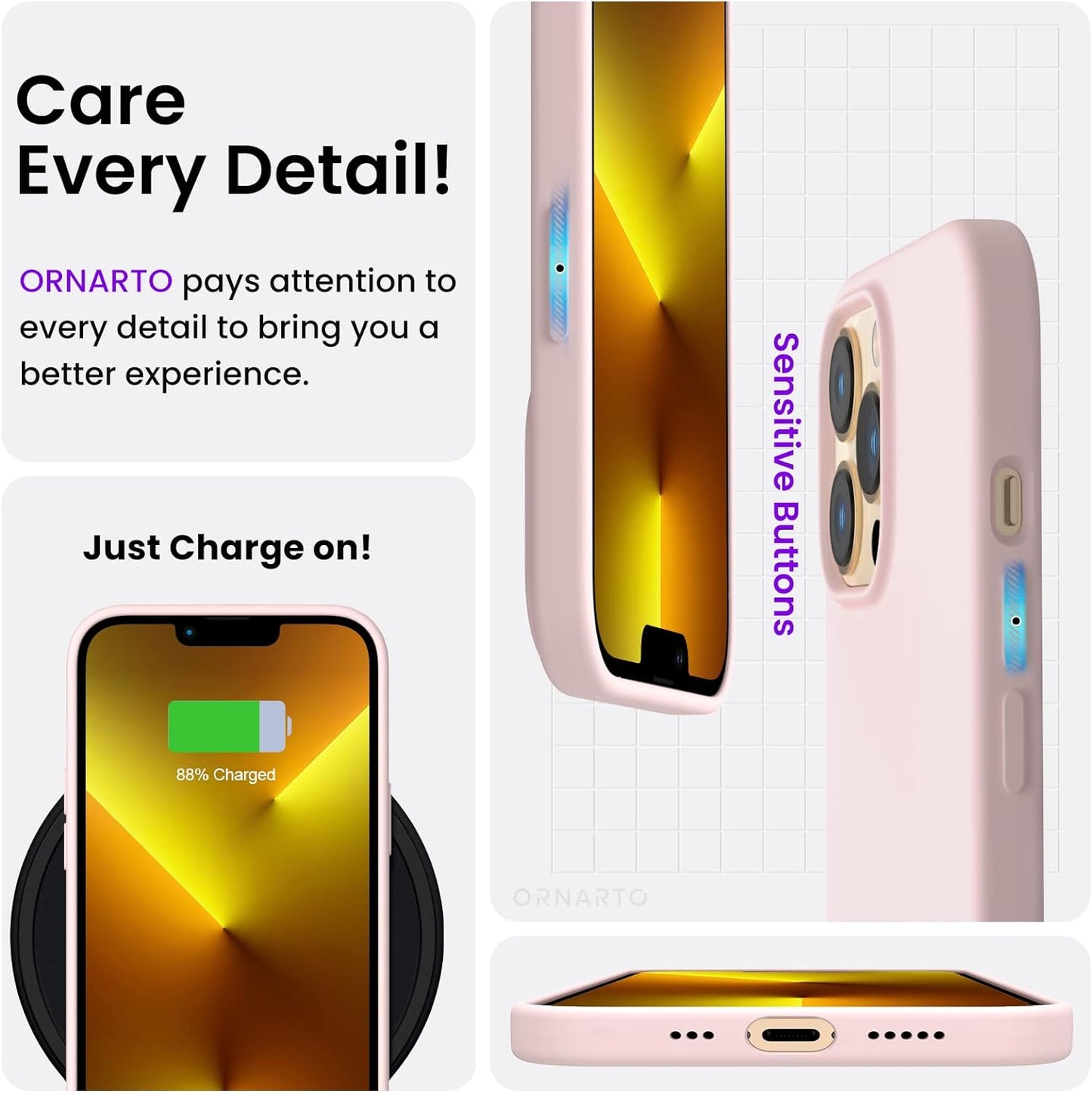 for Iphone 13 Pro Case, Slim Liquid Silicone, Chalk Pink | 3-Layer Full Coverage, Soft Gel Rubber, Non-Slip Grip, Shockproof Protective Cover, Phone Case for Iphone 13 Pro 6.1-Inch