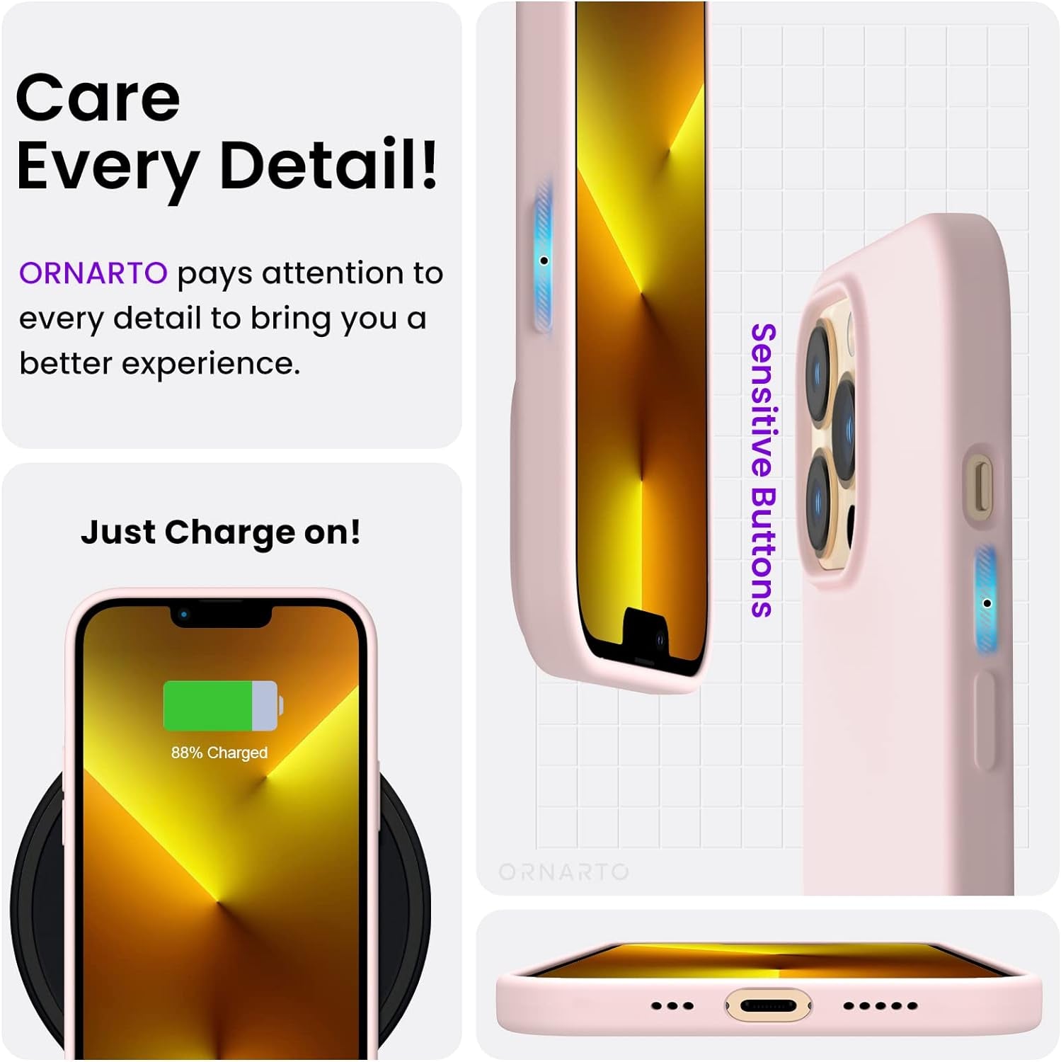 for Iphone 13 Pro Case, Slim Liquid Silicone, Chalk Pink | 3-Layer Full Coverage, Soft Gel Rubber, Non-Slip Grip, Shockproof Protective Cover, Phone Case for Iphone 13 Pro 6.1-Inch